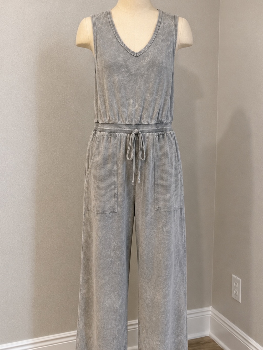 Washed Gray Sleeveless V-Neck Drawstring Jumpsuit